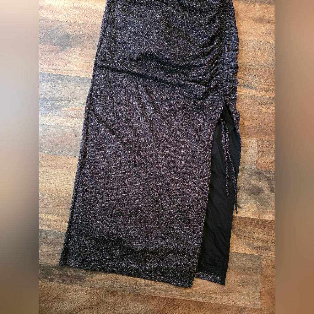 Popilush Women's Black Sparkly Square Neck Ruched Cocktail Midi Dress Size XL - Picture 9 of 13
